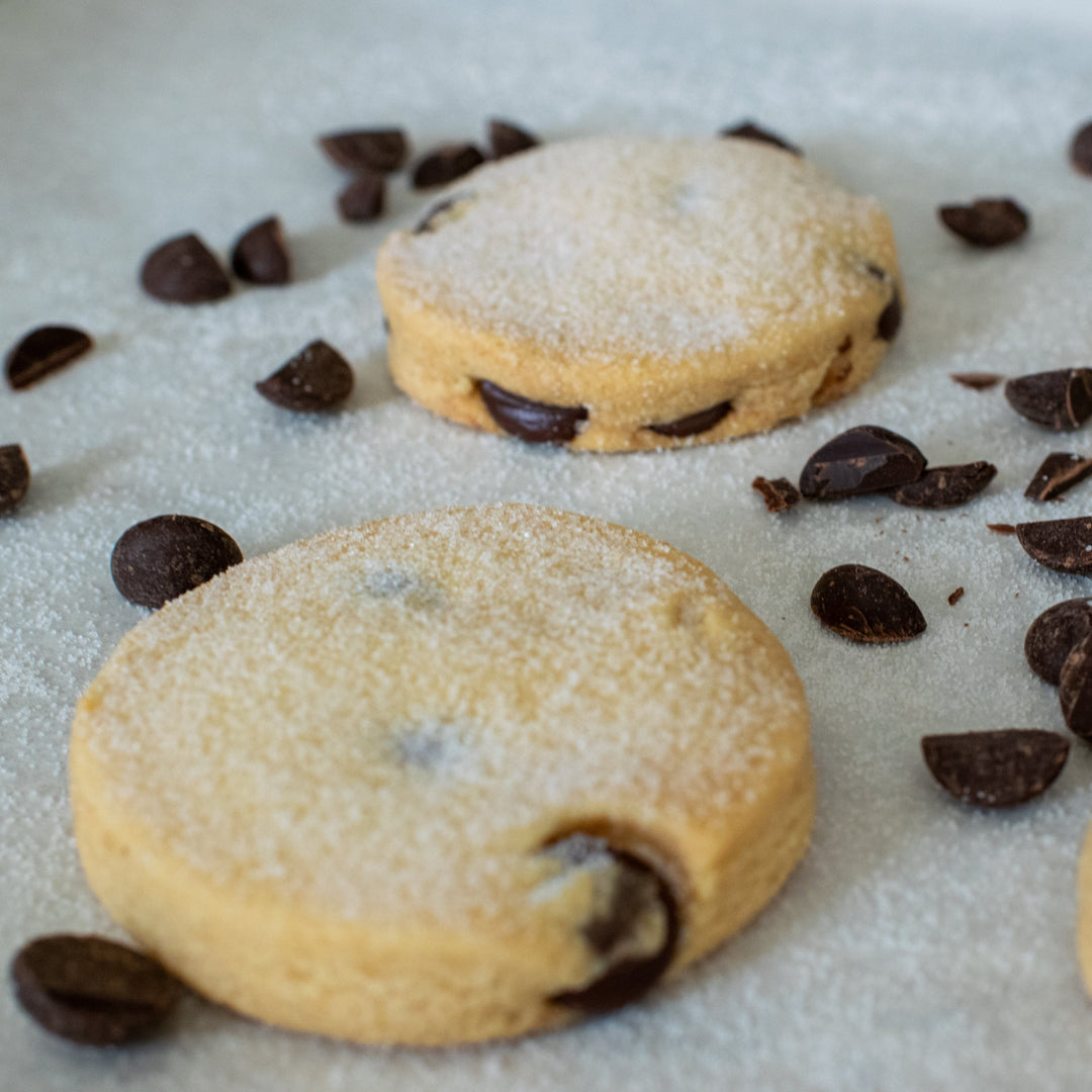 Two gluten free dark chocolate shortbread cookies with a dusting of sugar on them. With dark chocolate chips scattered around them. On a white background.