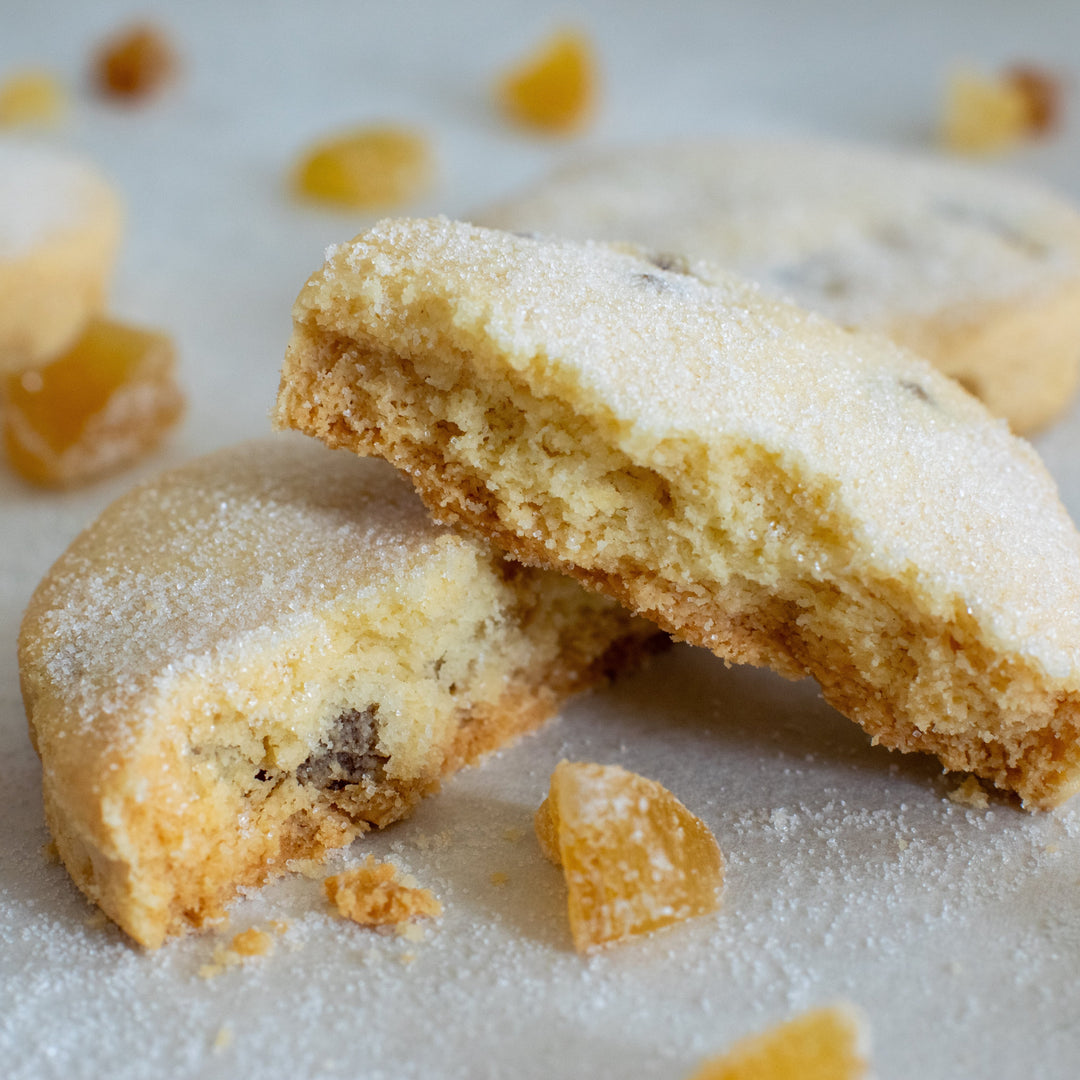 A large stem ginger shortbread cookie split in two with one half sitting on top of the other with a dusting of sugar on them, on a white background.