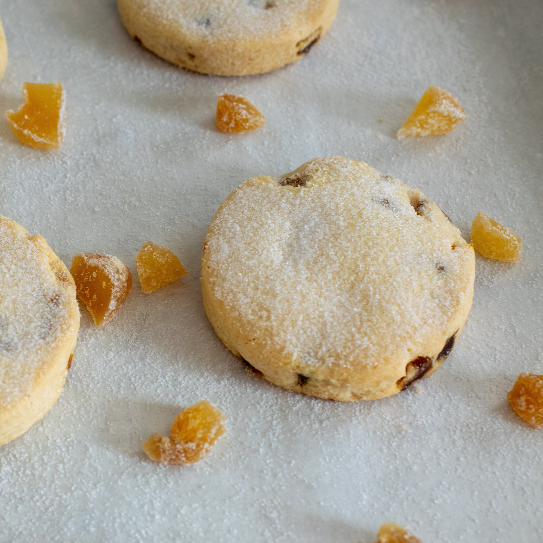 Three stem ginger shortbread cookie with a dusting of sugar on top of them, with a few pieces of stem ginger around the shortbread cookies. On a white background.