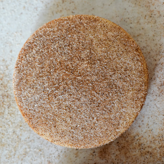 A large gluten free cinnamon shortbread cookie with a dusting of cinnamon sugar, on a white background.