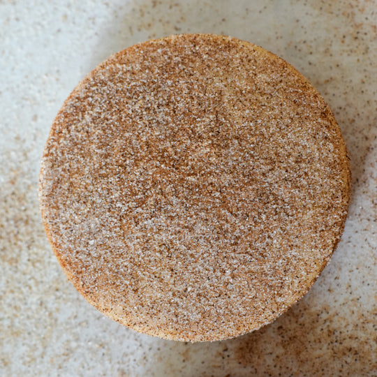 A large cinnamon shortbread cookie with a dusting of cinnamon sugar, on a white background.