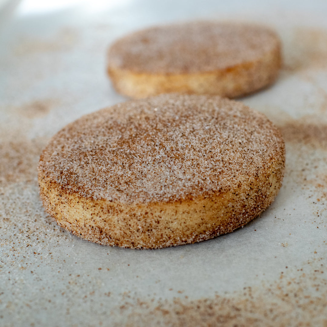 Two Gluten free cinnamon shortbread cookies with a dusting of cinnamon sugar on them, on a white background.