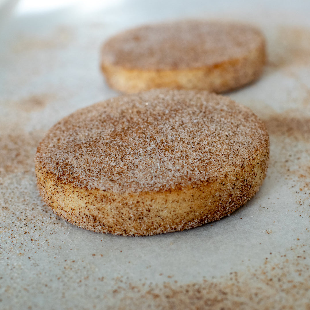 Two cinnamon shortbread cookies with a dusting of cinnamon sugar on them, on a white background.