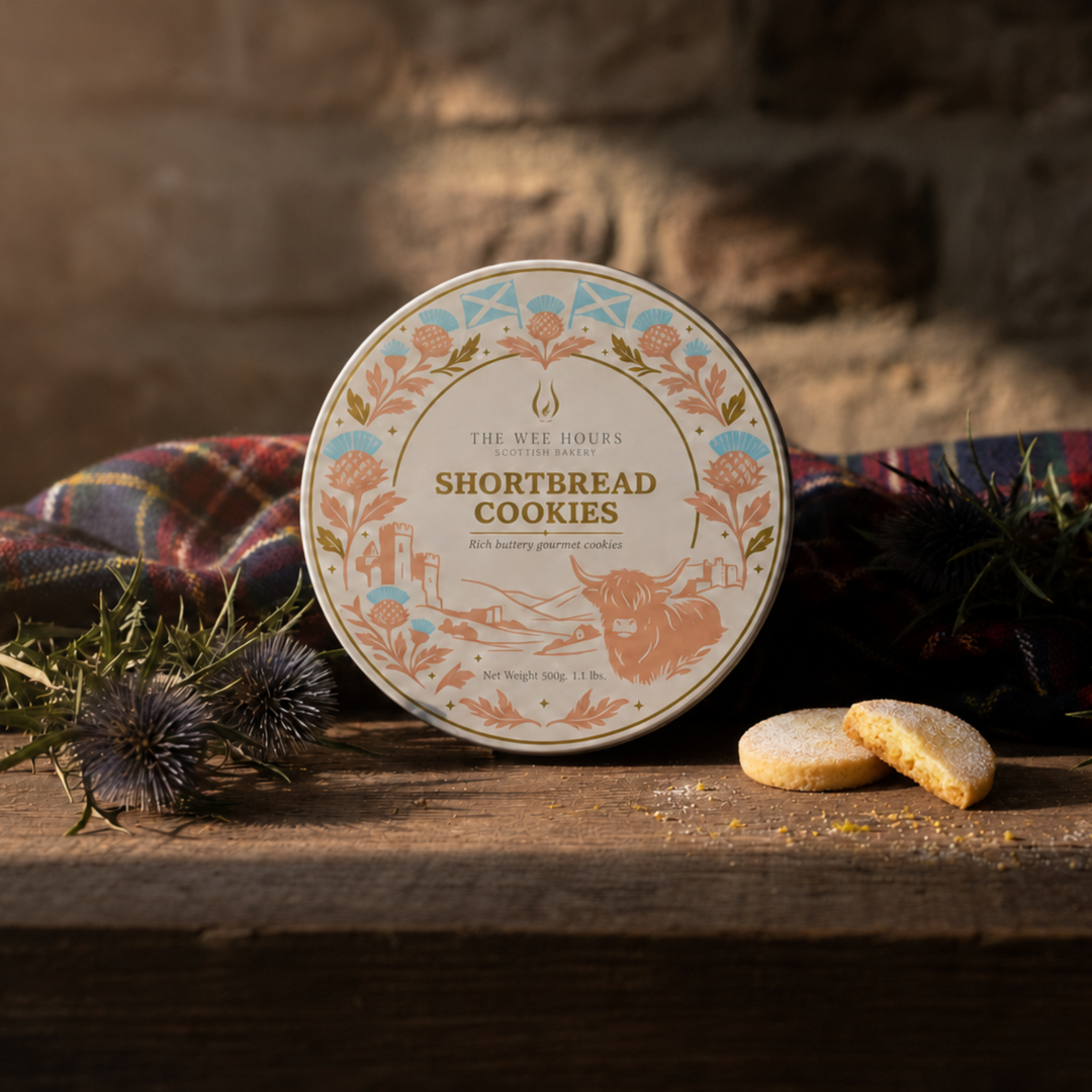 A round tin of The Wee Hours Scottish Bakery Shortbread Cookies sits on a rustic wooden table with two broken cookies in front, surrounded by thistles and a plaid cloth against a dark stone wall.
