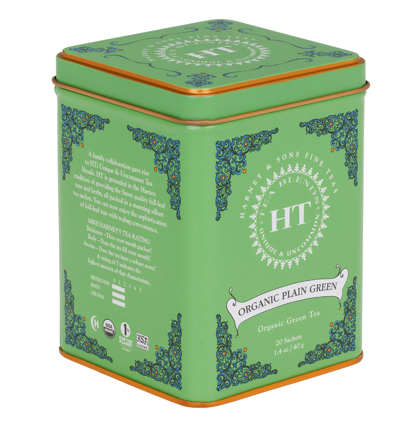 A tin of Harney & Sons organic plain green tea, on a white background.