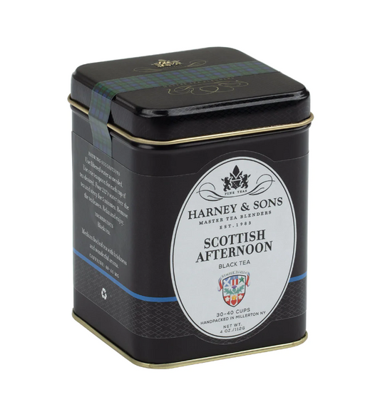 A tin of Harney & Sons Scottish afternoon black tea, on a white background.